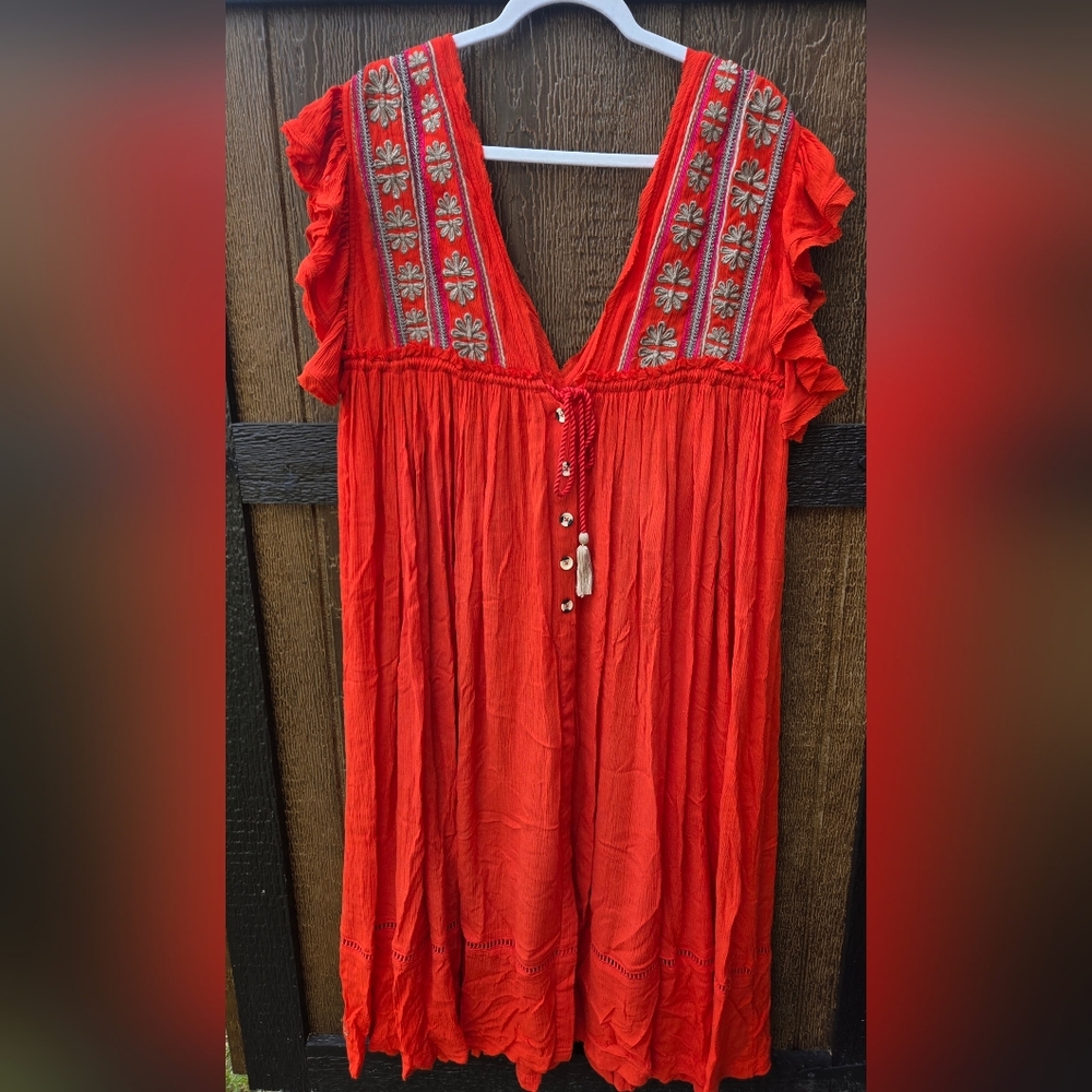 FREE PEOPLE Women's Will Wait For You Midi Dress Red Embroidered Button Up Sz XS